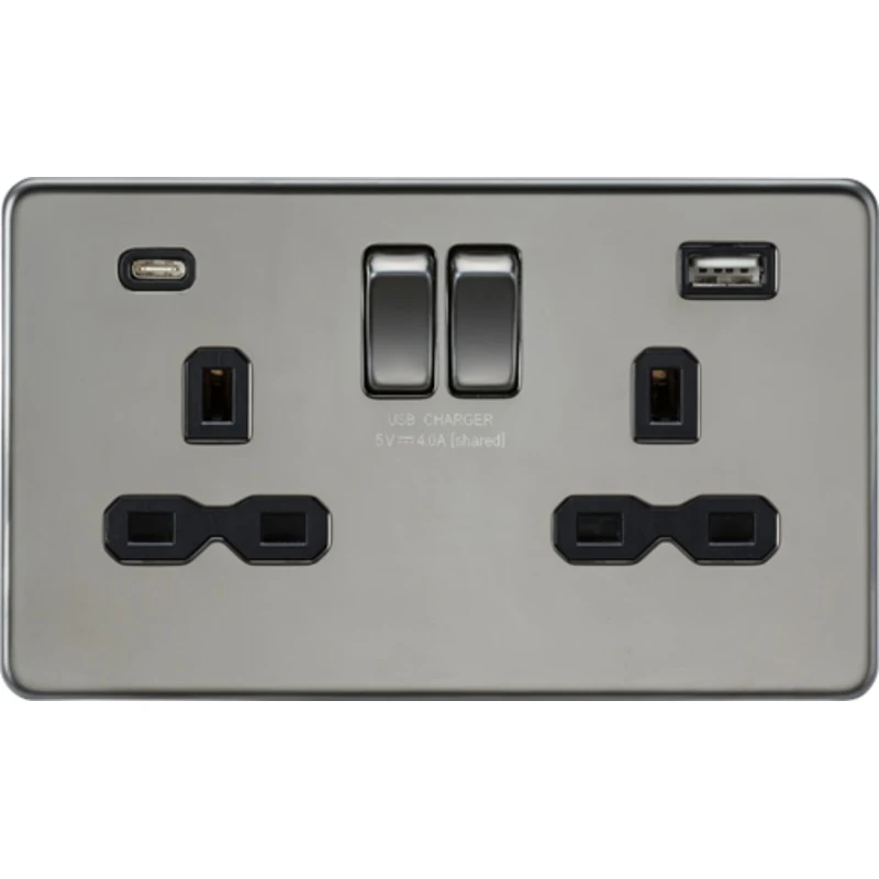 KnightsBridge 13A 2G SP Screwless Switched Socket with Dual USB A+C - Black Nickel, Black Insert